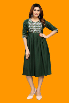 DICHIKA Fashion Women Fit and Flare Dark Green Midi/Calf Length Dress