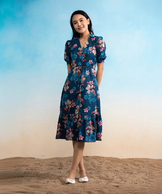 AASK Women Fit and Flare Dark Blue, Pink Knee Length Dress