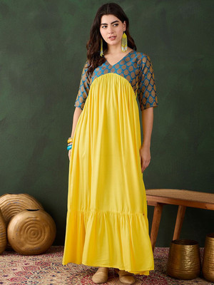 Sangria Women Fit and Flare Yellow Midi/Calf Length Dress