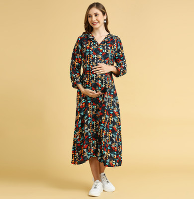 MomToBe Women Fit and Flare Multicolor Midi/Calf Length Dress