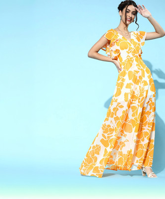 SASSAFRAS Women Fit and Flare Yellow Maxi/Full Length Dress