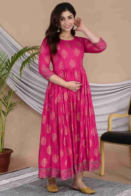Gujari Women Fit and Flare Pink Ankle Length Dress