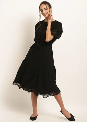 ishaanvi fashion Women Fit and Flare Black Midi/Calf Length Dress