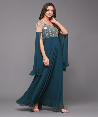 Miss Chase Women Fit and Flare Blue Maxi/Full Length Dress