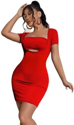 Ladiikway Women Bodycon Red Above Knee/Mid Thigh Length Dress