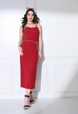 METRONAUT Women Bodycon Maroon Midi/Calf Length Dress