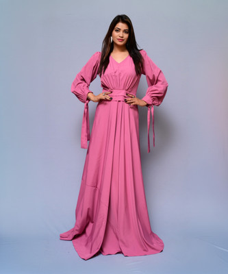 diyaz Women Fit and Flare Pink Maxi/Full Length Dress