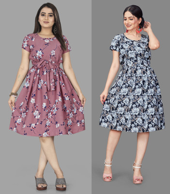 HOUSE OFF COMMON Women Fit and Flare Multicolor Knee Length Dress