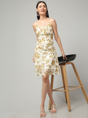 clobug Women Gathered Yellow Above Knee/Mid Thigh Length Dress