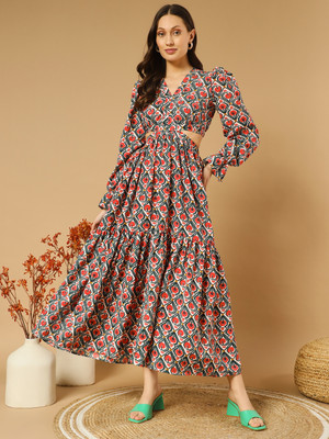ZWERLON Women Fit and Flare Multicolor Maxi/Full Length Dress