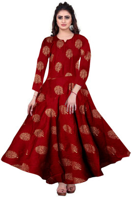 Parth Fashion Women Fit and Flare Maroon Maxi/Full Length Dress