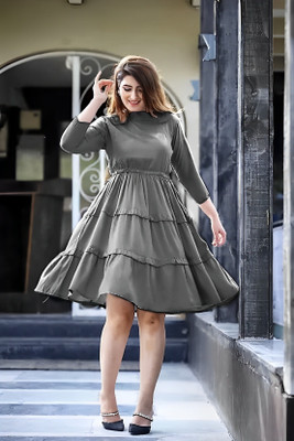 GPNTI Women Fit and Flare Grey Midi/Calf Length Dress