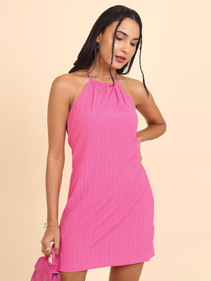 Tokyo Talkies Women Pleated Pink Above Knee/Mid Thigh Length Dress