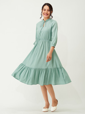 AASK Women Fit and Flare Light Green Midi/Calf Length Dress