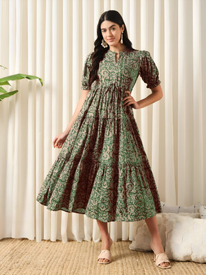 LookShine Women Fit and Flare Green Midi/Calf Length Dress