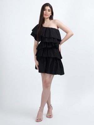 DRAPE AND DAZZLE Women Fit and Flare Black Above Knee/Mid Thigh Length Dress