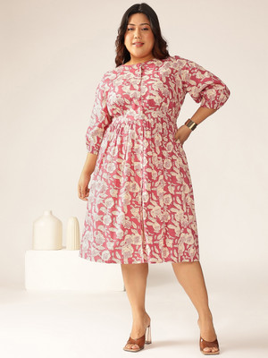 Janasya Women Gathered Pink Midi/Calf Length Dress