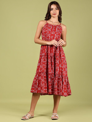 V-MART Women A-line Red Below Knee Dress