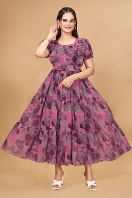 Divine India Women Gathered Purple Ankle Length Dress
