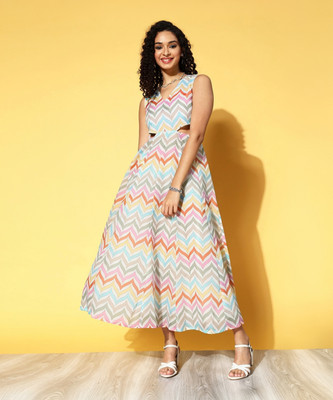 Shae by SASSAFRAS Women Fit and Flare Multicolor Midi/Calf Length Dress