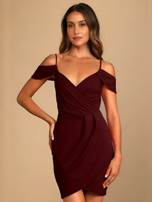 HouseOfCommon Women A-line Maroon Above Knee/Mid Thigh Length Dress