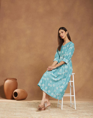 Fabindia Women Fit and Flare Green Midi/Calf Length Dress