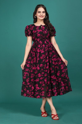 HouseOfCommon Women Fit and Flare Multicolor, Black Midi/Calf Length Dress