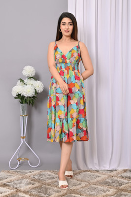 VYMO Women Fit and Flare Multicolor Below Knee Dress