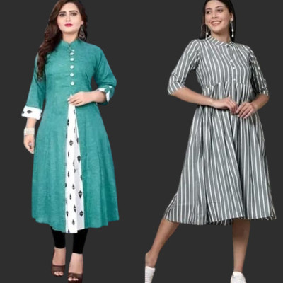 Suhani Creationnm Women Printed A-line Kurta(Green, Grey)