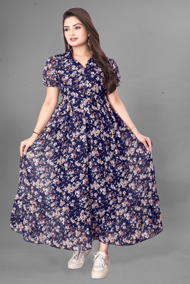 ZIVCY Women Fit and Flare Blue Maxi/Full Length Dress