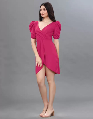 Lyublyu Women Wrap Pink Knee Length Dress