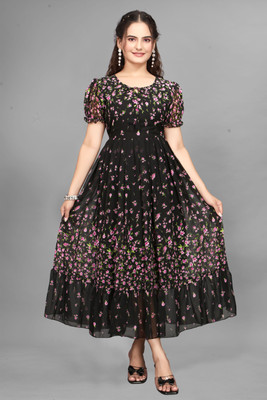 Bhadani Women Fit and Flare Black Maxi/Full Length Dress