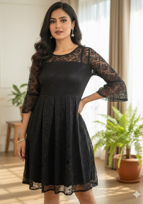 Riddhisworld Women Skater Black Midi/Calf Length Dress
