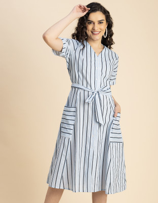 moomaya Women A-line Grey, White Knee Length Dress