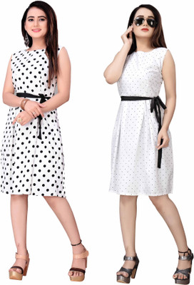 Hiral Creation Women Fit and Flare White, Black Knee Length Dress