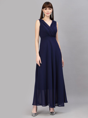 AAYU Women Fit and Flare Blue Maxi/Full Length Dress