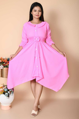 Sk style Women A-line Pink Midi/Calf Length Dress