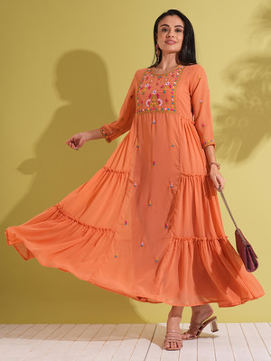 Globus Women A-line Orange Maxi/Full Length Dress
