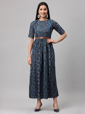 AAYU Women Fit and Flare Blue Maxi/Full Length Dress
