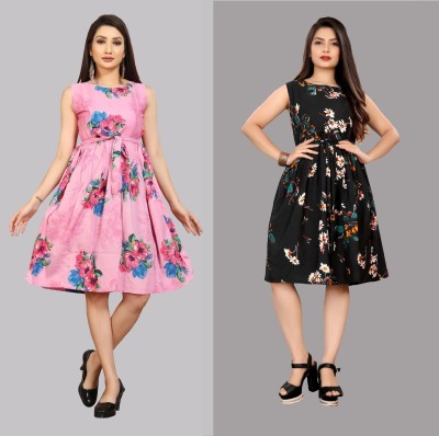 maruti fab Women Fit and Flare Pink, Black Dress