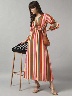 Jash Creation Women Fit and Flare Multicolor Midi/Calf Length Dress