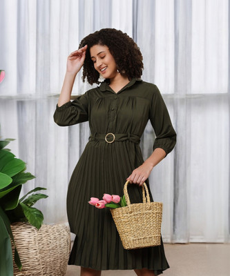 Cartyshop Women Fit and Flare Dark Green Midi/Calf Length Dress