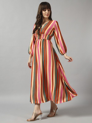 Jash Creation Women Fit and Flare Multicolor Midi/Calf Length Dress