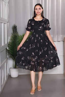 RUBAZ Women A-line Black Midi/Calf Length Dress