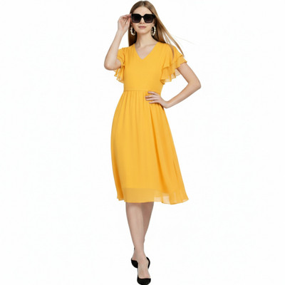 Warsian Women A-line Yellow Knee Length Dress