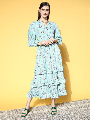 PLUSS Women A-line Blue Midi/Calf Length Dress