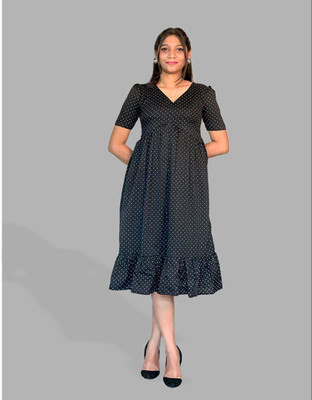 BOLD CREW Women A-line Black Below Knee Dress