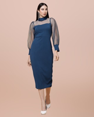 MISS AYSE Women Fit and Flare Dark Blue Dress