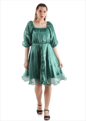 KIYOO Women Fit and Flare Green Dress