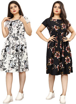 HouseOfCommon Women Fit and Flare Multicolor Below Knee Dress